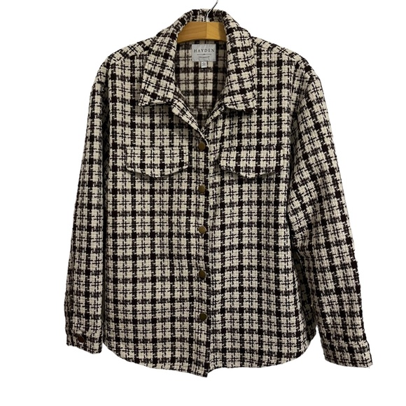 Hayden Los Angeles Boucle Houndstooth Fringe Jacket Shacket Brown Cream Size L - Picture 1 of 10